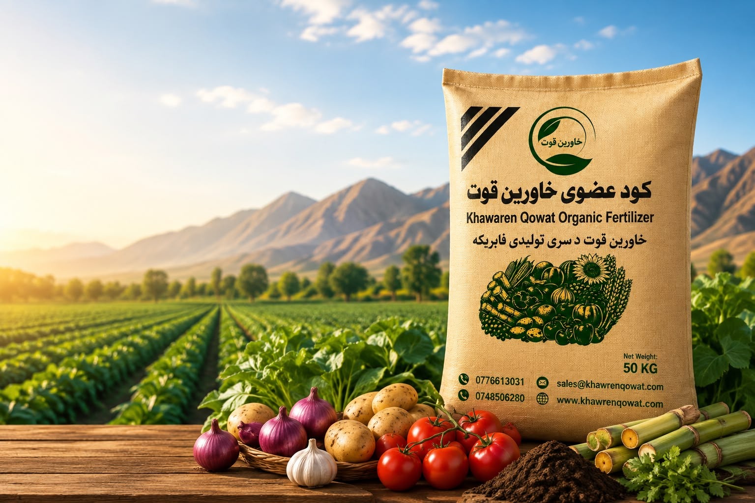 Khawren Qowat fertilizer bag in an Afghan field with fresh vegetables