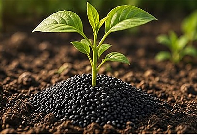 Seedling growing through NPKS Plus granules in soil