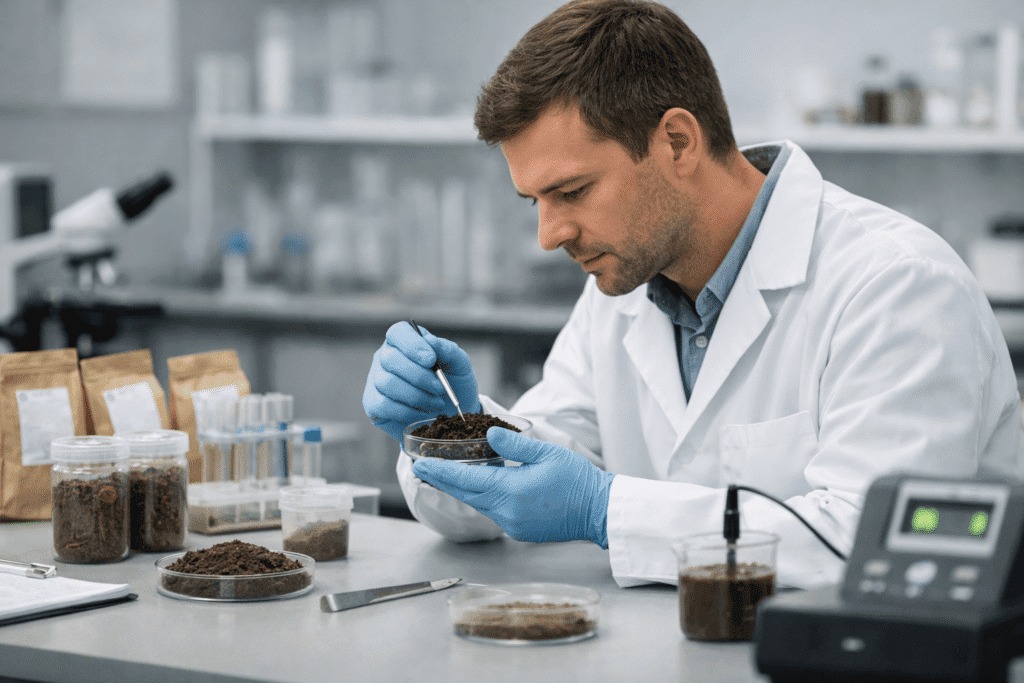 Lab technician inspecting a soil and fertilizer sample